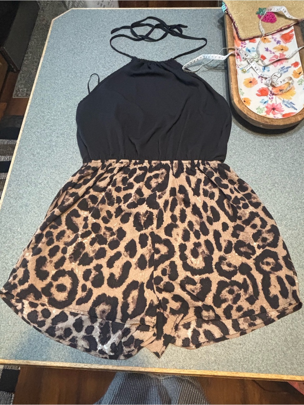 SHEIN Black and Brown Leopard Print Halter Romper